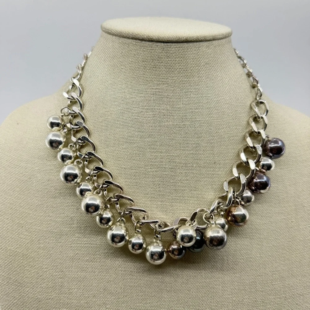 Silver Tone Ball Charm Fringe Chain Necklace Chunky Y2K Statement Jewelry Gift
